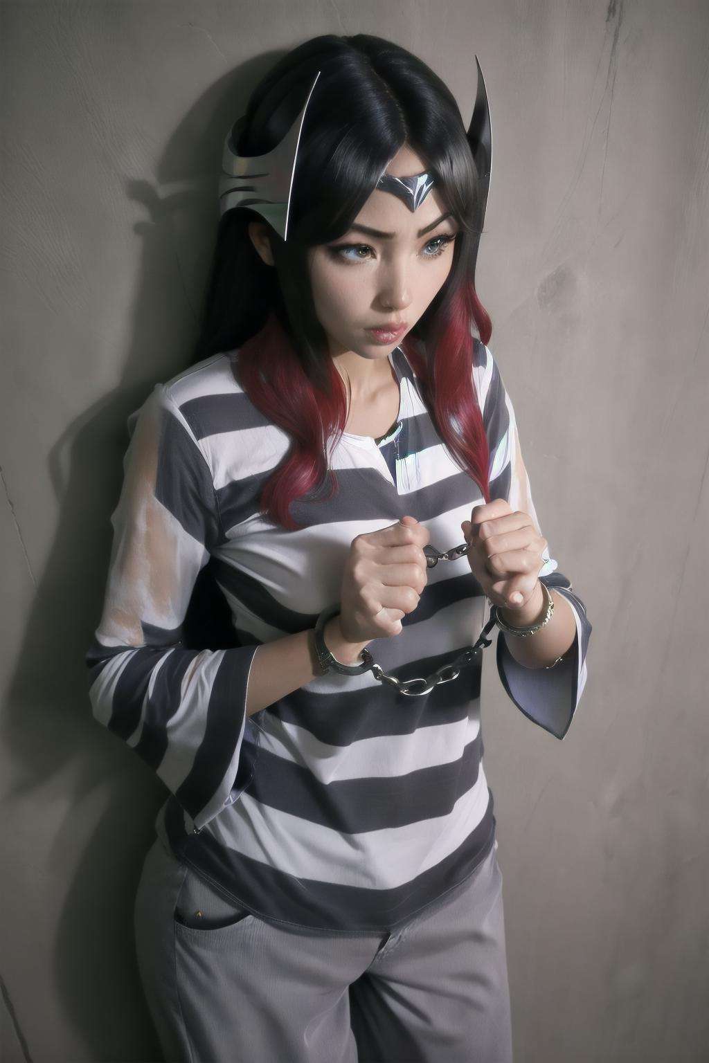 <lora:Handcuffs-06:0.7>, handcuffs, 1girl, solo,  prison,  <lora:Irelia-06:0.7>, irelia,  <lora:priclothes:0.8>, priclothes, striped clothes, shirt, long sleeves, wide sleeves, pants