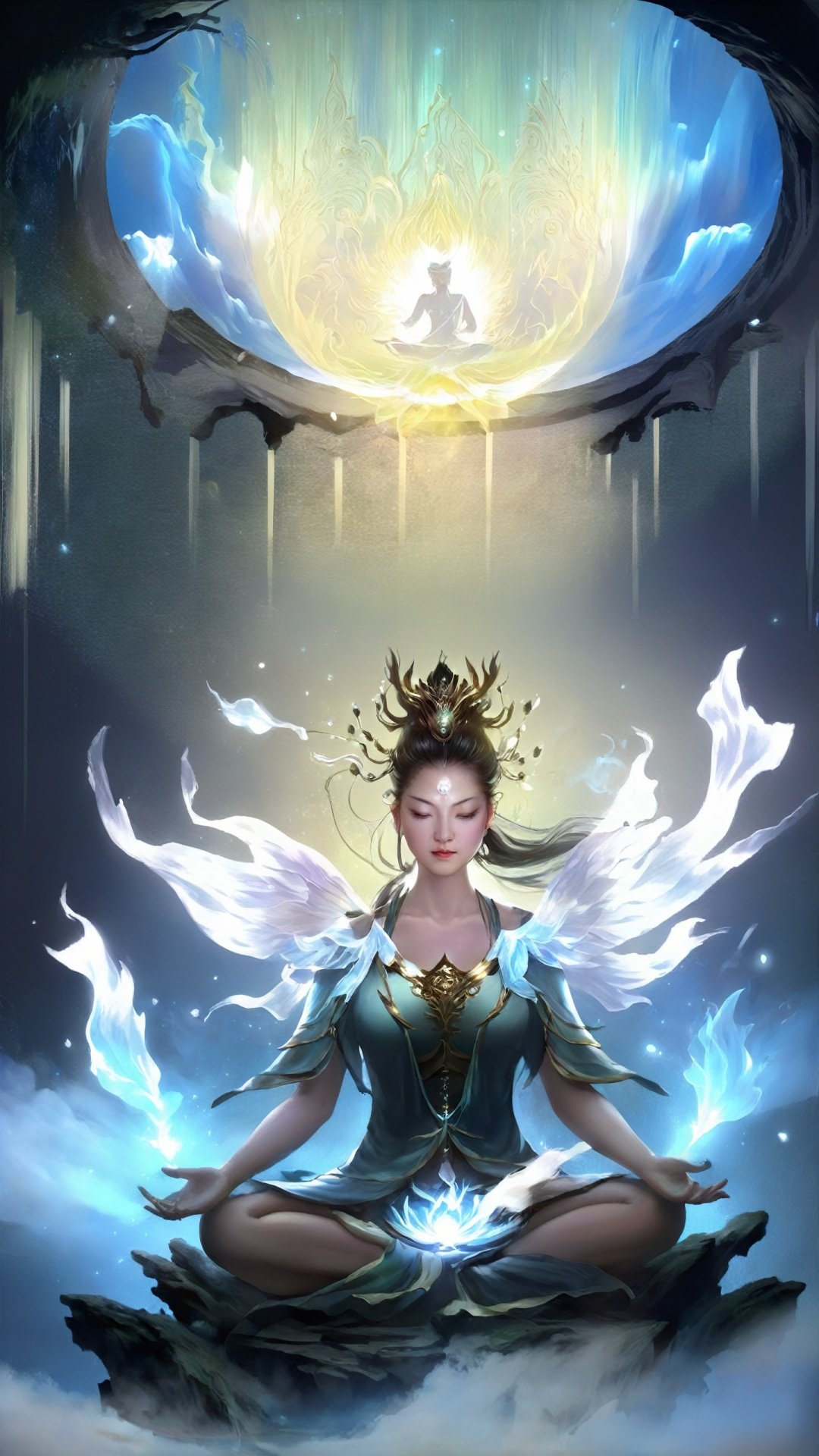 (Chinese fantasy style) (super realistic thick paint) Complex details, fairy woman meditation scene, in a quiet fairy court, the fairy practitioner sitting meditation, the body exudes a light, dancing around the fairy spirit, guarding his meditation