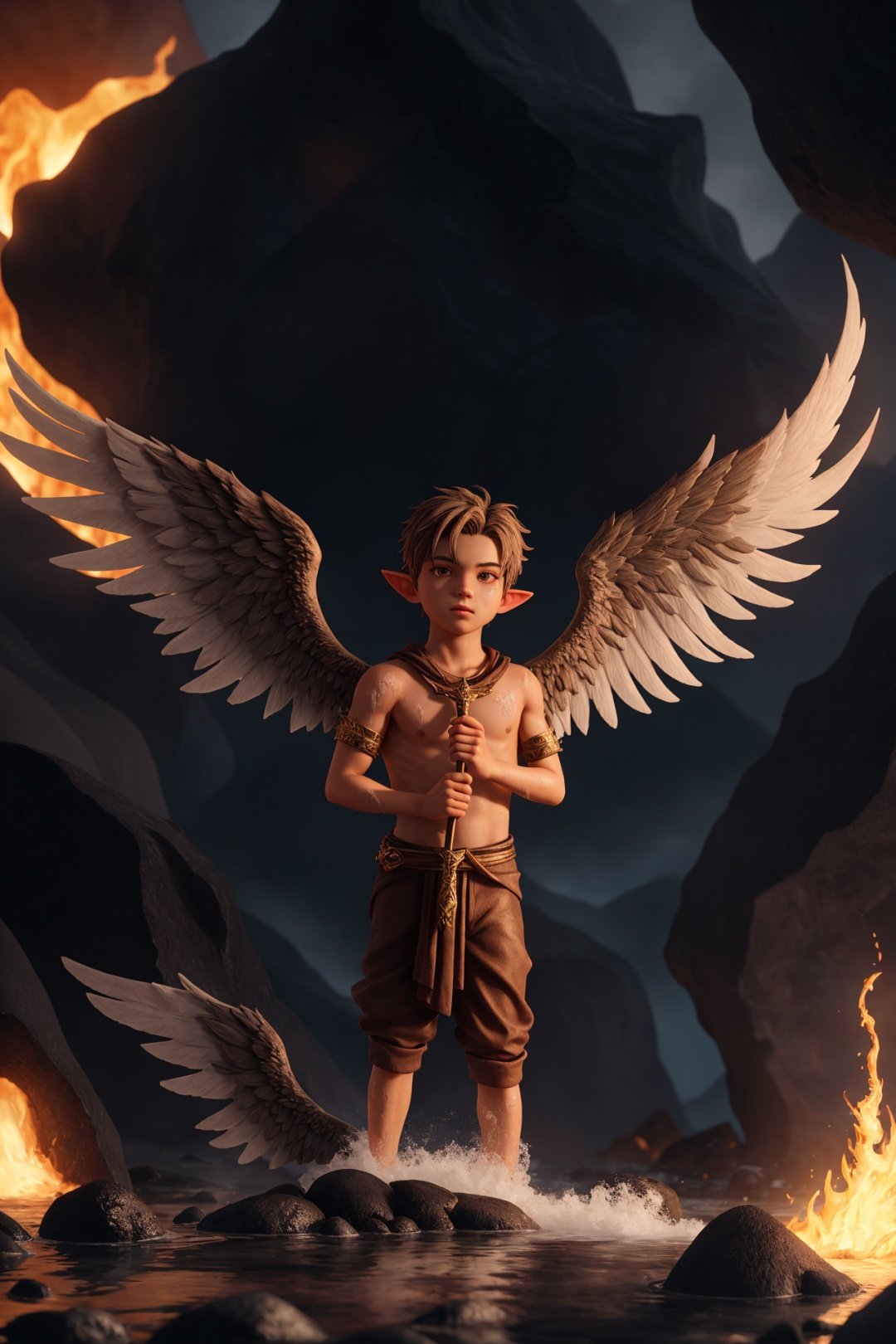 a beautiful angel boy ,with angelic wings, with pointy ears is taking a bath inside lava with epic details and detailed, octane render, unreal engine