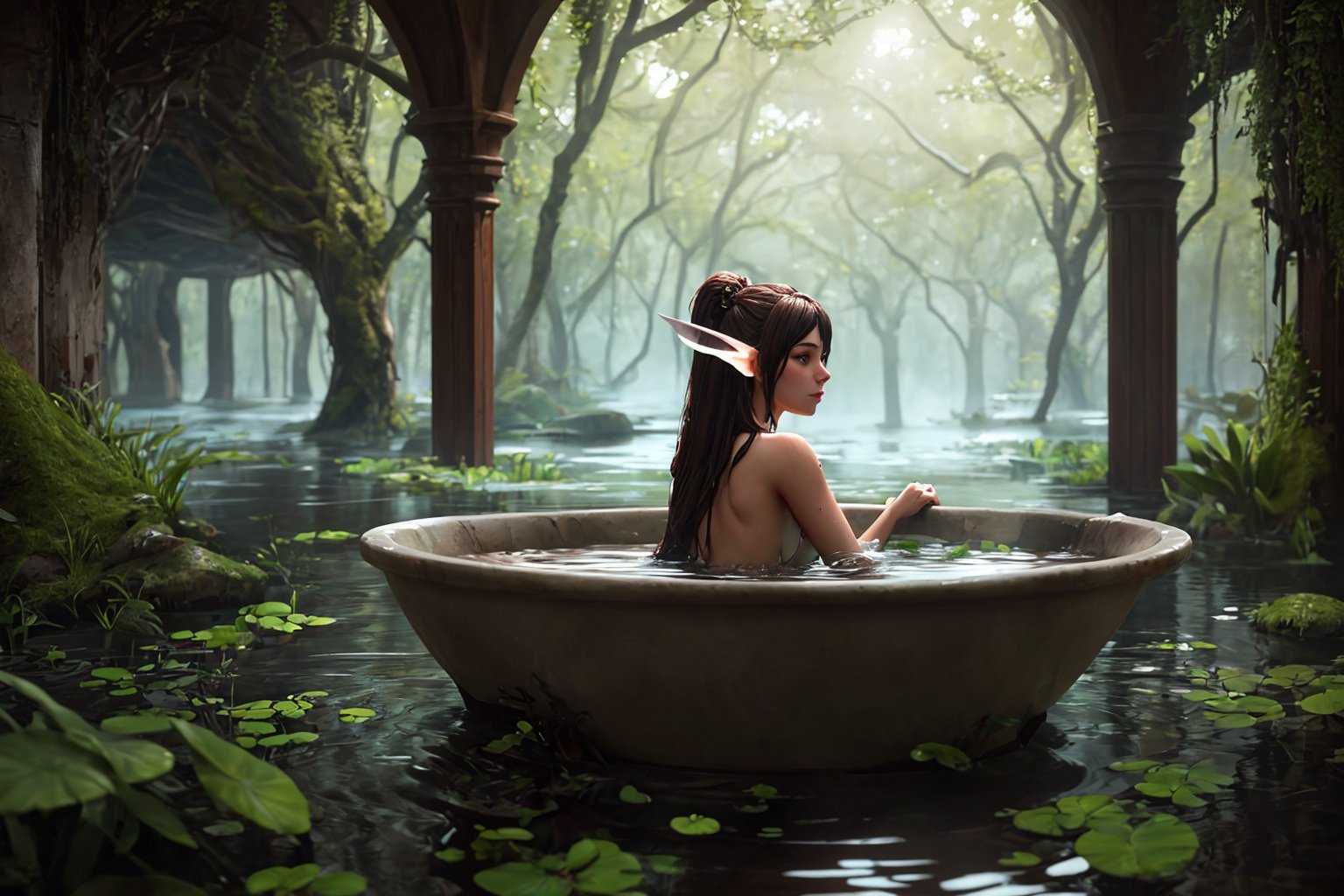 a beautiful fairy girl with pointy ears taking a bath inside a swamp landmark with epic details and detailed, octane render, unreal engine