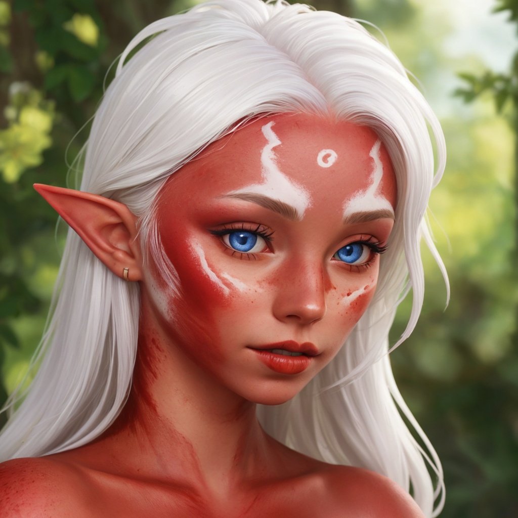 photo of a beautiful dryad girl with (red skin:1.5), elven pointy ears, (white hair), (chubby cheecks), [slight smile], (with blue eyes), very detailed, realistic, intricate, elegant, parted lips, trending on artstation, with small round nose