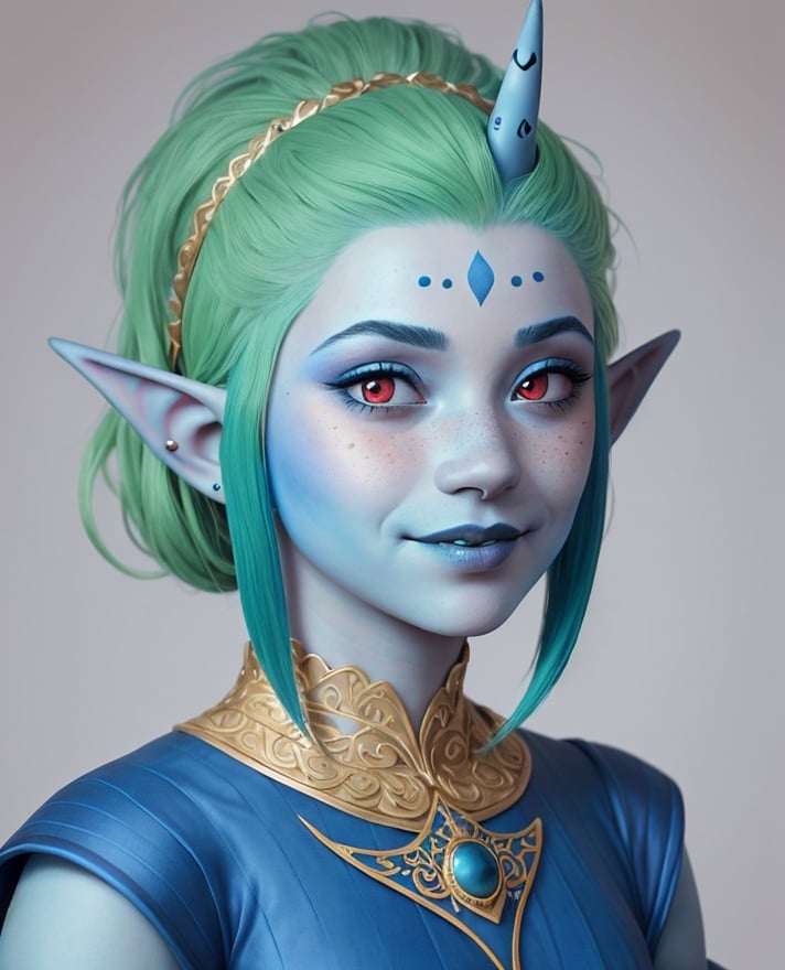 photo of a beautiful 1girl with (blue skin:1.3), elven long pointy ears, one horn on forehead, (green hair), [chubby cheecks], [slight smile], (with red eyes), very detailed, realistic, intricate, elegant, parted lips, trending on artstation, with small round nose, [freckles on nose]