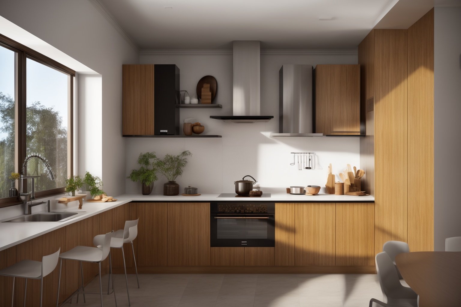 interior, a kitchen with a table and chairs and a wine rack in the middle of the room with a window, Dahlov Ipcar, vray render, a 3D render, photorealisminterior, food, indoors, no humans, window, chair, table, plant, scenery, plate, shelf, kitchen, frying pan, sink, stoveDive into the ultra-detailed 8k masterpiece, carefully crafted with photorealistic precision of 1.37 ratio, all in the essence of Nayuta Nordic Modern Interior Design. Art form: Photography. Inspired by the techniques of Annie Leibovitz, the kitchen showcases professional lighting, a scenery where the play of radiosity brightens the room. A stove with a frying pan, a gleaming refrigerator beside tiles and cabinet, a sink with a faucet overlooking a tile wall. On the shelf, there's a spatula, a chair nearby with a plant and some food in a jar. Lens: 35mm. The room basks in a warm color temperature. Perfectly illuminated with ray tracing and the best shadows using physically-based rendering <lora:add_detail:0.5> <lora:more_details:0.5>  <lora:interior01_SDLife_Chiasedamme_v1.0:0.6>