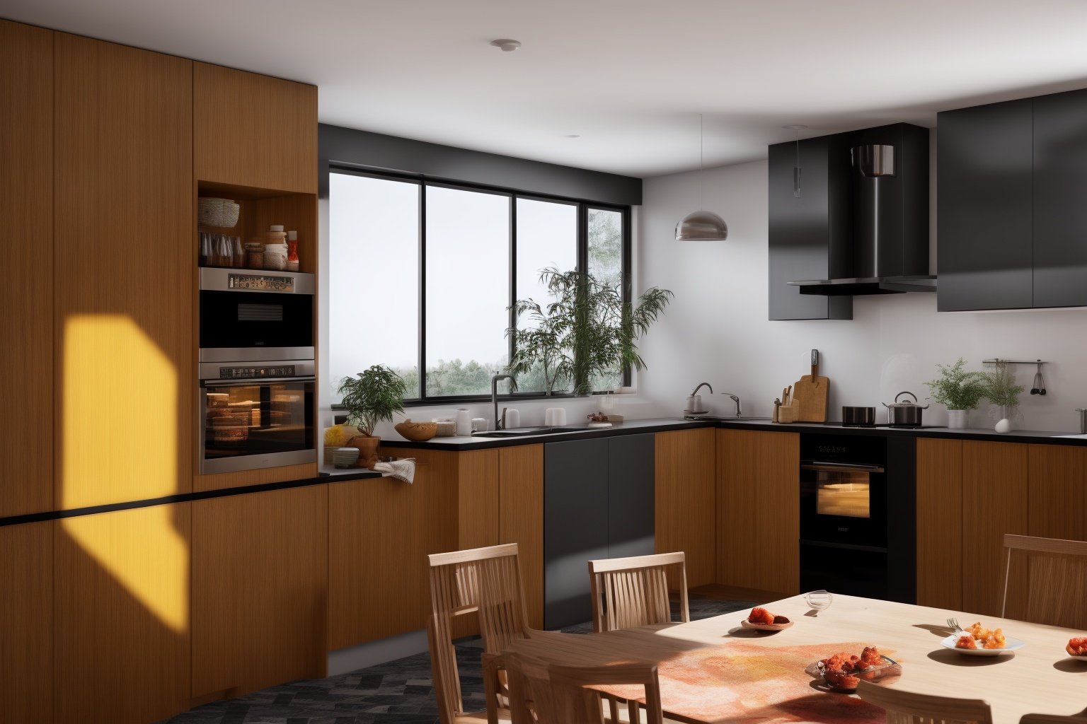 interior, a kitchen with a table and chairs and a wine rack in the middle of the room with a window, Dahlov Ipcar, vray render, a 3D render, photorealisminterior, food, indoors, no humans, window, chair, table, plant, scenery, plate, shelf, kitchen, frying pan, sink, stoveDive into the ultra-detailed 8k masterpiece, carefully crafted with photorealistic precision of 1.37 ratio, all in the essence of Nayuta Nordic Modern Interior Design. Art form: Photography. Inspired by the techniques of Annie Leibovitz, the kitchen showcases professional lighting, a scenery where the play of radiosity brightens the room. A stove with a frying pan, a gleaming refrigerator beside tiles and cabinet, a sink with a faucet overlooking a tile wall. On the shelf, there's a spatula, a chair nearby with a plant and some food in a jar. Lens: 35mm. The room basks in a warm color temperature. Perfectly illuminated with ray tracing and the best shadows using physically-based rendering <lora:add_detail:0.5> <lora:more_details:0.5>  <lora:interior01_SDLife_Chiasedamme_v1.0:0.6>