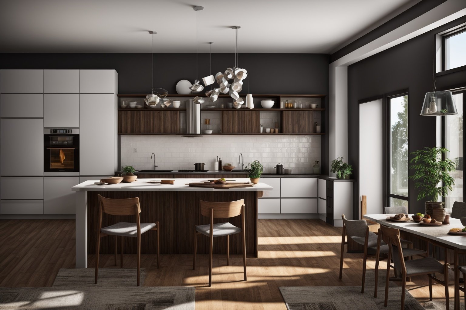 interior, a kitchen with a table and chairs and a wine rack in the middle of the room with a window, Dahlov Ipcar, vray render, a 3D render, photorealisminterior, food, indoors, no humans, window, chair, table, plant, scenery, plate, shelf, kitchen, frying pan, sink, stoveDive into the ultra-detailed 8k masterpiece, carefully crafted with photorealistic precision of 1.37 ratio, all in the essence of Nayuta Nordic Modern Interior Design. Art form: Photography. Inspired by the techniques of Annie Leibovitz, the kitchen showcases professional lighting, a scenery where the play of radiosity brightens the room. A stove with a frying pan, a gleaming refrigerator beside tiles and cabinet, a sink with a faucet overlooking a tile wall. On the shelf, there's a spatula, a chair nearby with a plant and some food in a jar. Lens: 35mm. The room basks in a warm color temperature. Perfectly illuminated with ray tracing and the best shadows using physically-based rendering <lora:add_detail:0.5> <lora:more_details:0.5>  <lora:interior01_SDLife_Chiasedamme_v1.0:0.6>