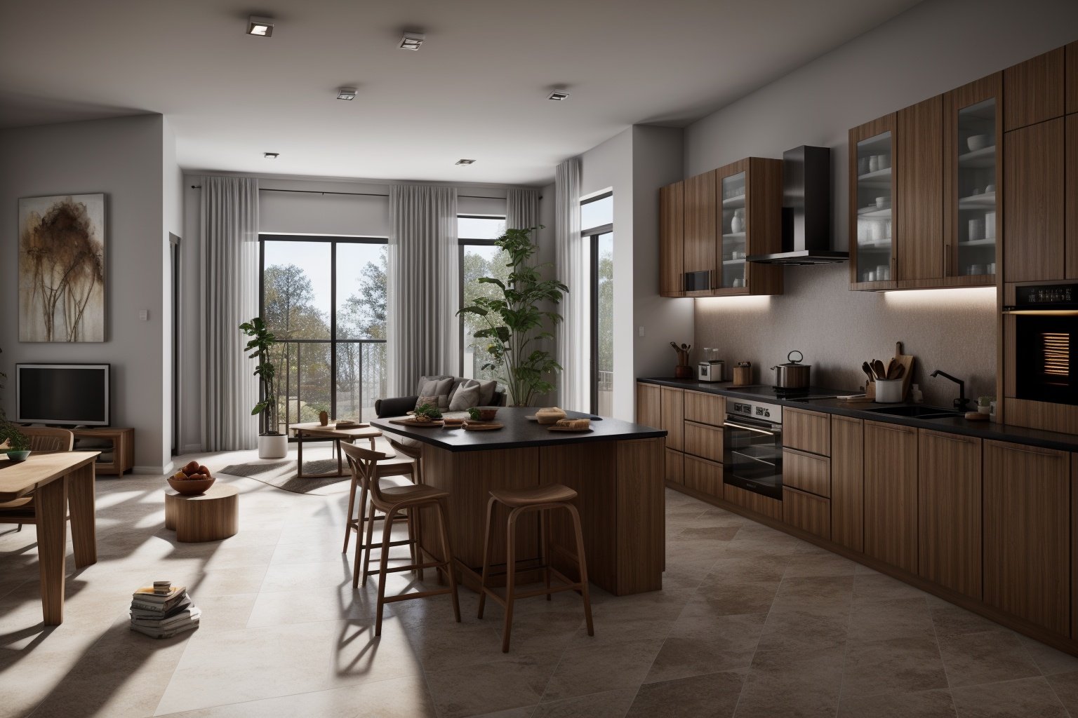 interior, a kitchen with a table and chairs and a wine rack in the middle of the room with a window, Dahlov Ipcar, vray render, a 3D render, photorealisminterior, food, indoors, no humans, window, chair, table, plant, scenery, plate, shelf, kitchen, frying pan, sink, stoveDive into the ultra-detailed 8k masterpiece, carefully crafted with photorealistic precision of 1.37 ratio, all in the essence of Nayuta Nordic Modern Interior Design. Art form: Photography. Inspired by the techniques of Annie Leibovitz, the kitchen showcases professional lighting, a scenery where the play of radiosity brightens the room. A stove with a frying pan, a gleaming refrigerator beside tiles and cabinet, a sink with a faucet overlooking a tile wall. On the shelf, there's a spatula, a chair nearby with a plant and some food in a jar. Lens: 35mm. The room basks in a warm color temperature. Perfectly illuminated with ray tracing and the best shadows using physically-based rendering <lora:add_detail:0.5> <lora:more_details:0.5>  <lora:interior01_SDLife_Chiasedamme_v1.0:0.6>