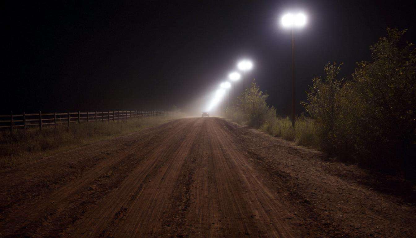 shadowy figures, wide angle exterior background, outdoors, night, dirt road, <lora:sdxl_liminal_v1-step00003000:1> 