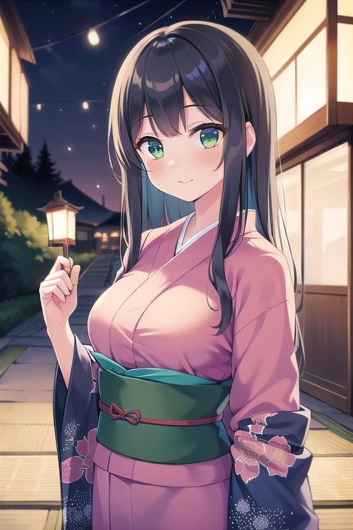 (Superb quality,  High resolution,  Masterpiece: 1.3),  Perfectly formed beauty: 1.5,  (Beautiful landscape),  ((pitch dark night)),  black hair,  Wearing kimono,  One person,  (green kimono),  (She has beautiful large Japanese lantern.),  Beautiful girl,  School girl,  Floral kimono,  Fancy kimono design, Great kimono designs,