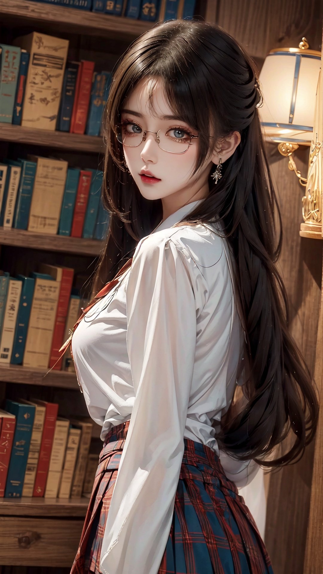 finely detail, Depth of field,(((masterpiece))),((extremely detailed CG unity 8k wallpaper)),best quality, high resolution illustration,,Amazing,highres,intricate detail,(best illumination, best shadow, an extremely delicate and beautiful), ,

book,1girl,plaid,glasses,holding_book,plaid_skirt,bookshelf,solo,library,skirt,long_hair,looking_at_viewer,long_sleeves,holding,school_uniform,adjusting_eyewear,semi-rimless_eyewear,Ethnic Clothing