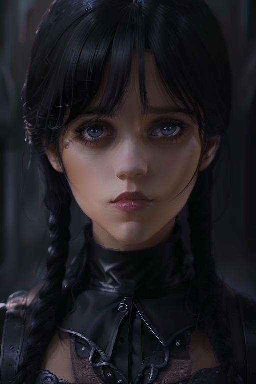 Wednesday Adams, goth, cute black dress, cleavage, horror, black hair, 4k, (mature:1.2) Style-Princess, 30 years old, w3day_14, masterpiece, best quality, highest quality, cinematic lighting, (volumetric lighting), extremely detailed CG unity 8k wallpaper, focused, 8k wallpaper, 4k wallpaper, extremely detailed, ultra realistic, photorealistic, sharp focus, absurdres, (HDR:1.2), (high contrast), photograph, detailed and intricate, instagram, portrait, highly detailed, digital painting, artstation, concept art, smooth, sharp focus, illustration, cinematic lighting <lora:Wednesday Addams:1>