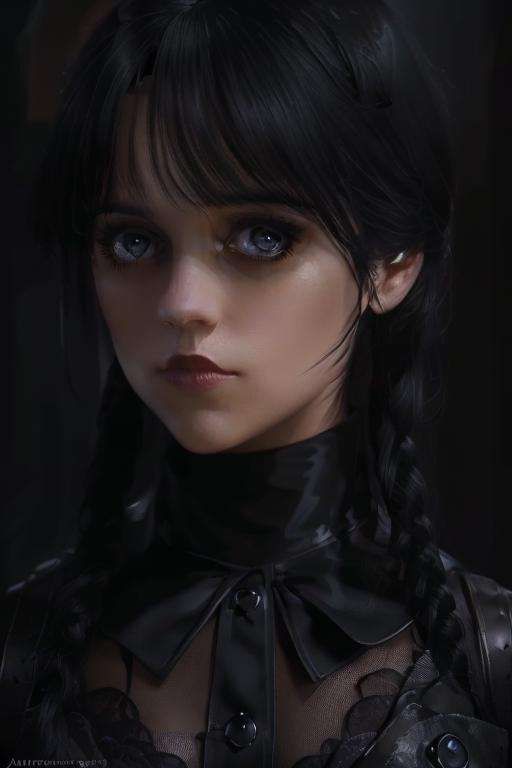 Wednesday Adams, goth, cute black dress, cleavage, horror, black hair, 4k, (mature:1.2) Style-Princess, 30 years old, w3day_14, masterpiece, best quality, highest quality, cinematic lighting, (volumetric lighting), extremely detailed CG unity 8k wallpaper, focused, 8k wallpaper, 4k wallpaper, extremely detailed, ultra realistic, photorealistic, sharp focus, absurdres, (HDR:1.2), (high contrast), photograph, detailed and intricate, instagram, portrait, highly detailed, digital painting, artstation, concept art, smooth, sharp focus, illustration, cinematic lighting <lora:Wednesday Addams:1>