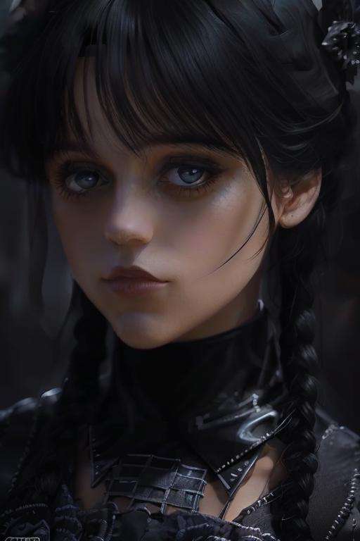 Wednesday Adams, goth, cute black dress, cleavage, horror, black hair, 4k, (mature:1.2) Style-Princess, 30 years old, w3day_14, masterpiece, best quality, highest quality, cinematic lighting, (volumetric lighting), extremely detailed CG unity 8k wallpaper, focused, 8k wallpaper, 4k wallpaper, extremely detailed, ultra realistic, photorealistic, sharp focus, absurdres, (HDR:1.2), (high contrast), photograph, detailed and intricate, instagram, portrait, highly detailed, digital painting, artstation, concept art, smooth, sharp focus, illustration, cinematic lighting <lora:Wednesday Addams:1>