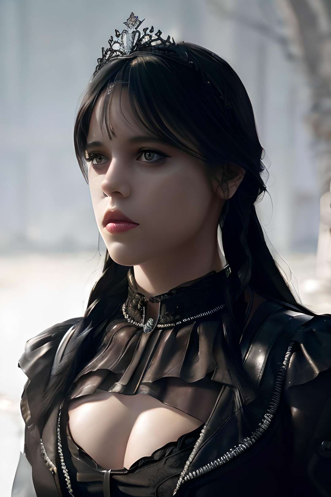 Wednesday Adams, goth, cute black dress, cleavage, horror, black hair, 4k, (mature:1.2) Style-Princess, 30 years old, w3day_14, masterpiece, best quality, highest quality, cinematic lighting, (volumetric lighting), extremely detailed CG unity 8k wallpaper, focused, 8k wallpaper, 4k wallpaper, extremely detailed, ultra realistic, photorealistic, sharp focus, absurdres, (HDR:1.2), (high contrast), photograph, detailed and intricate, instagram, portrait, highly detailed, digital painting, artstation, concept art, smooth, sharp focus, illustration, cinematic lighting  <lora:Wednesday:1>