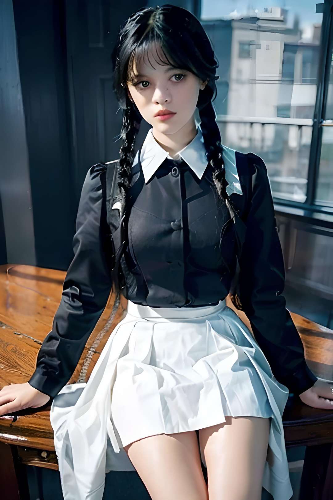 masterpiece, 1girl,  full body,  Wednesday Addams, goth, white shirt, unbuttoned shirt, big boobs, light blue skirt, school skirt, microskirt, miniskirt, thighs, realistic, indoor, classroom, table, unbuttoned shirt, nice boobs, cleavage, downbloobs, white shirt, black jacket, sexy look, bending over, looking at camera <lora:Wednesday:1> 