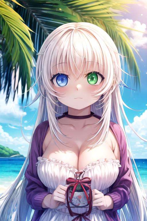 masterpiece, best quality, movie still, 1girl, solo, looking at viewer, , depth of field, , , <lora:neko_k:0.68>, neko_k, white hair, blue eyes, heterochromia, green eyes, long hair, , A tropical paradise where the sun shines brightly every day, 2k resolution