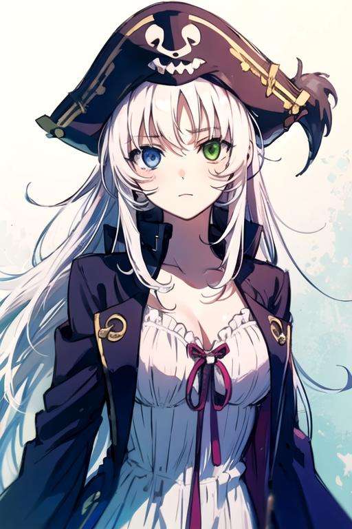 masterpiece, best quality, sketch, 1girl, solo, looking at viewer, , , , , <lora:neko_k:0.68>, neko_k, white hair, blue eyes, heterochromia, green eyes, long hair, pirate costume, ,