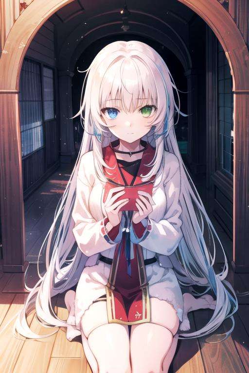 masterpiece, best quality, game cg, 1girl, solo, looking at viewer, , , anime coloring, , <lora:neko_k:0.74>, neko_k, white hair, blue eyes, heterochromia, green eyes, long hair, , The Shrine of the Lost,