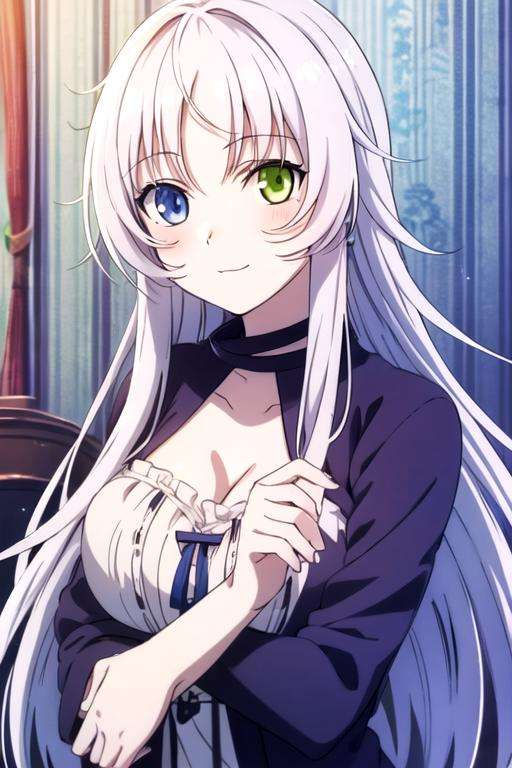 masterpiece, best quality, illustration, 1girl, solo, looking at viewer, upper body, , anime coloring, , <lora:neko_k:0.72>, neko_k, white hair, blue eyes, heterochromia, green eyes, long hair, , alternate history, 12k resolution