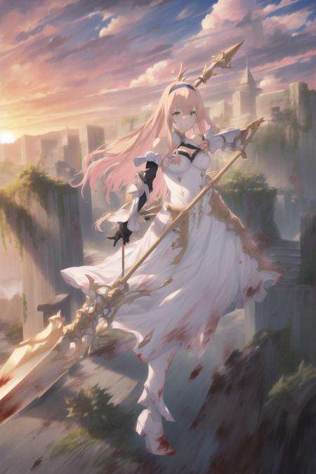 <lora:enyo.safetensor:1>, solo, 1girl, enyo_\(granblue_fantasy\), long hair, weapon, solo, blood, polearm, dress, gloves, boots, green eyes, outdoors, white dress, holding weapon, holding, high heels, hairband, spear, sky, breasts, standing, full body, armor, cloud, blonde hair, black gloves, bare shoulders, looking at viewer, blood on clothes, bangs, detached sleeves, thighhighs, medium breasts, lance, smile, sunset, pink hair, gauntlets