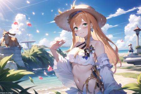 <lora:enyo.safetensor:1>, enyo_\(granblue_fantasy\),  enyo_\(summer\)_\(granblue_fantasy\), granblue fantasy, 1girl,  swimsuit, white bikini, bikini, orange hair, long hair, green eyes, straw hat, hat, blush, cloud, day, earrings, jewelry, looking at viewer, off shoulder, official alternate costume, outdoors, petals, falling petals, sky, smile