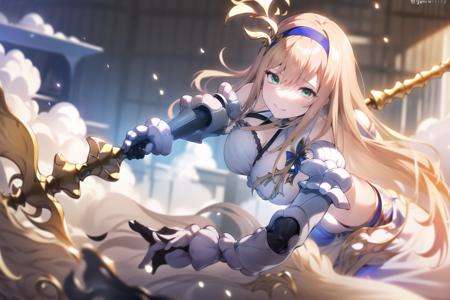 <lora:enyo.safetensor:1>, enyo_\(granblue_fantasy\), 1girl, solo, upper body, long hair, weapon, polearm, dress, gloves, boots, green eyes, indoors, dark room, white dress, holding weapon, holding, hairband, spear, sky, breasts, armor, cloud, blonde hair, black gloves, bare shoulders, looking at viewer, looking down, bangs, detached sleeves, thighhighs, medium breasts, lance, smile, gauntlets 