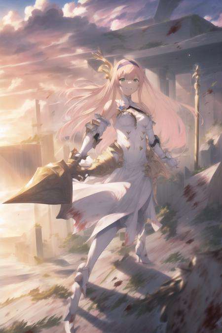 <lora:enyo.safetensor:1>, solo, 1girl, enyo_\(granblue_fantasy\), long hair, weapon, solo, blood, polearm, dress, gloves, boots, green eyes, outdoors, white dress, holding weapon, holding, high heels, hairband, spear, sky, breasts, standing, full body, armor, cloud, blonde hair, black gloves, bare shoulders, looking at viewer, blood on clothes, bangs, detached sleeves, thighhighs, medium breasts, lance, smile, sunset, pink hair, gauntlets