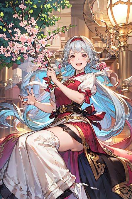 a yong Girl: Long silver hair, red eyes, wearing a short-sleeved dress, fresh temperament, smiling at the audience.,Cherry Blossom and Plum Blossom: On the branches of cherry blossom and plum blossom, the girl is smiling at the audience.Audience: Audience, sitting among the cherry blossoms and plum blossoms, feeling the breath of spring.,In spring, on the branches of cherry blossoms and plum blossoms, a girl in a short-sleeved dress is smiling at the audience. She has long silver hair, red eyes, fair skin and a fresh temperament. Her dress was white with a pink garland and a silver belt and shoes. Her long hair, which fell to her waist and was tied up with a silver headband, was lean and simple. There was a sweet smile on her face, and the corners of her mouth turned up slightly to reveal her inner peace and joy. There are some branches of cherry blossom and plum blossom in the background, and the sun shines through the cracks of the leaves on the ground, creating a dappled light and shadow, giving people the feeling of warmth. There are a few white clouds floating in the sky, which makes people feel comfortable.((((masterpiece))),(illustration:1.3),(((best quality))),Amazing, detailed unity 8K CG wallpaper,ultra detailed,<lora:碧﷿5:1>