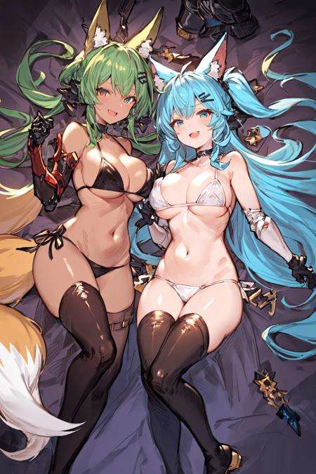 multiple_girls, 2girls, breasts, virtual_youtuber, animal_ears, swimsuit, bikini, blue_hair, blue_eyes, android, joints, robot_joints, red_eyes, large_breasts, fox_ears, dark_skin, dark-skinned_female, multicolored_hair, looking_at_viewer, orange_hair, long_hair, hair_ornament, white_background, twintails, white_bikini, smile, cleavage, hairclip, simple_background, black_bikini, open_mouth, fox_girl, between_breasts, choker, lying, mechanical_ears, on_back, breast_press, <lora:碧﷿4:1>