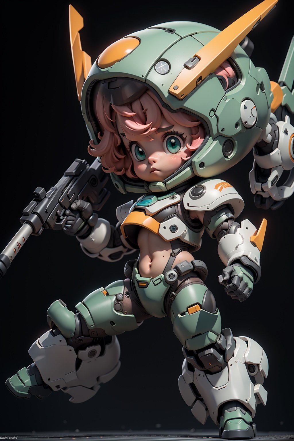 BJ_Cute_Mech, 1girl, solo, looking_at_viewer, blush, short_hair, holding, closed_mouth, green_eyes, standing, full_body, weapon, pink_hair, chibi, holding_weapon, armor, gun, bodysuit, covered_navel, helmet, holding_gun, mecha_musume, power_armor,cinematic lighting,strong contrast,high level of detail,Best quality,masterpiece,White background,<lora:Cute_Mech_style(4080):0.7>,