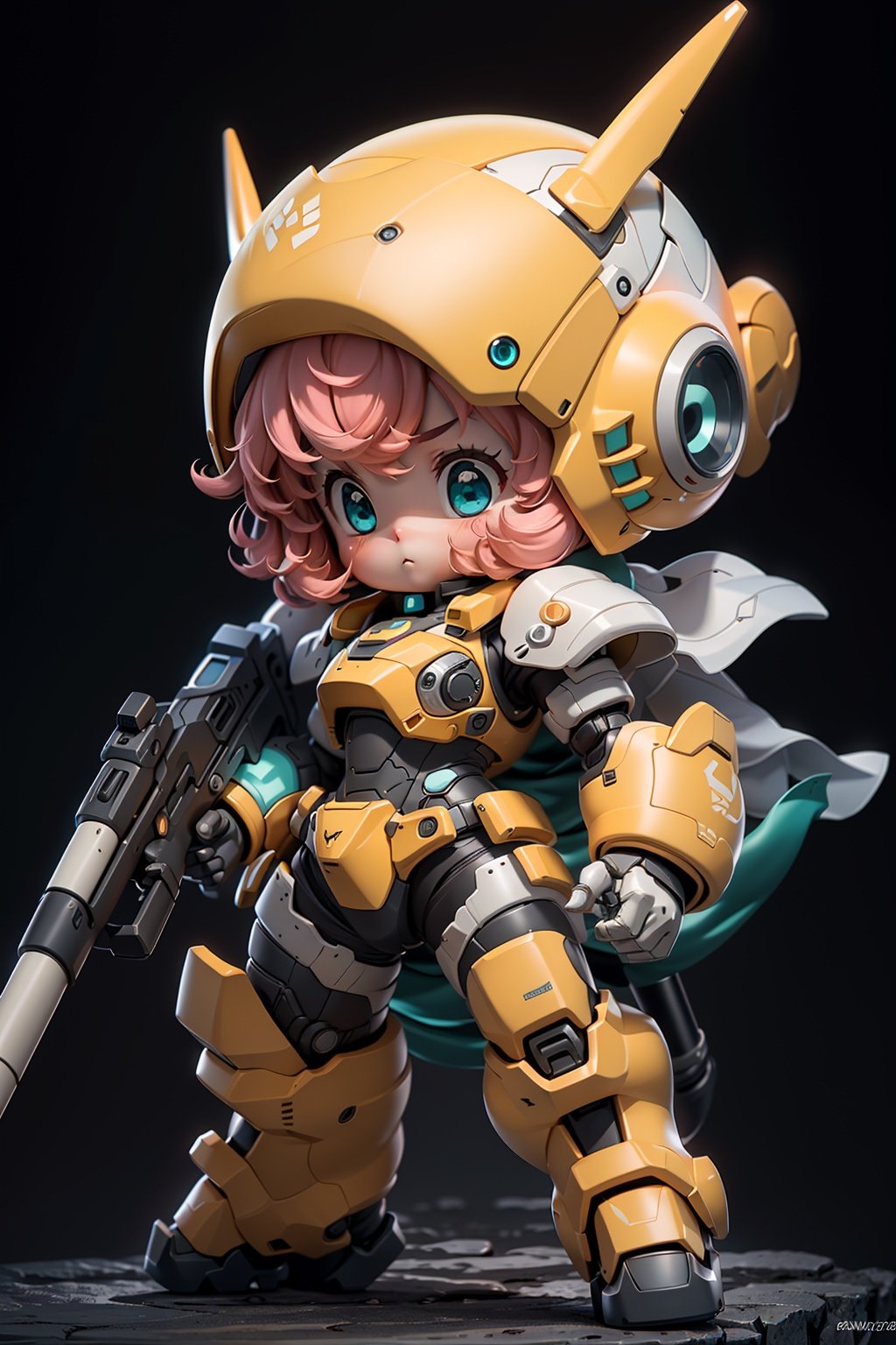 BJ_Cute_Mech, 1girl, solo, blush, blue_eyes, holding, closed_mouth, standing, full_body, weapon, pink_hair, chibi, holding_weapon, armor, aqua_eyes, gun, helmet, black_background, clenched_hand, holding_gun, mecha_musume, power_armor,cinematic lighting,strong contrast,high level of detail,Best quality,masterpiece,White background,<lora:Cute_Mech_style(4080):0.7>,