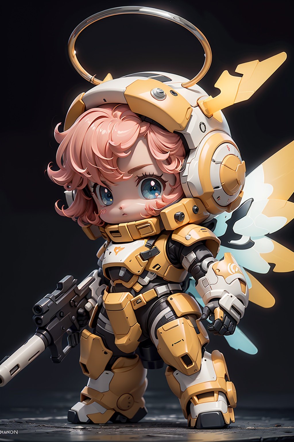 BJ_Cute_Mech,1girl,solo,looking_at_viewer,blue_eyes,holding,standing,full_body,weapon,pink_hair,wings,chibi,holding_weapon,armor,gun,halo,blush_stickers,helmet,holding_gun,power_armor,cinematic lighting,strong contrast,high level of detail,Best quality,masterpiece,White background,<lora:Cute_Mech_style(4080):0.7>,