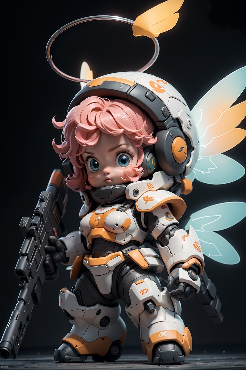 BJ_Cute_Mech,1BOY,solo,breasts,looking_at_viewer,blue_eyes,holding,standing,full_body,weapon,pink_hair,wings,chibi,holding_weapon,armor,gun,halo,blush_stickers,helmet,holding_gun,mecha_musume,power_armor,cinematic lighting,strong contrast,high level of detail,Best quality,masterpiece,White background,<lora:Cute_Mech_style(4080):0.7>,