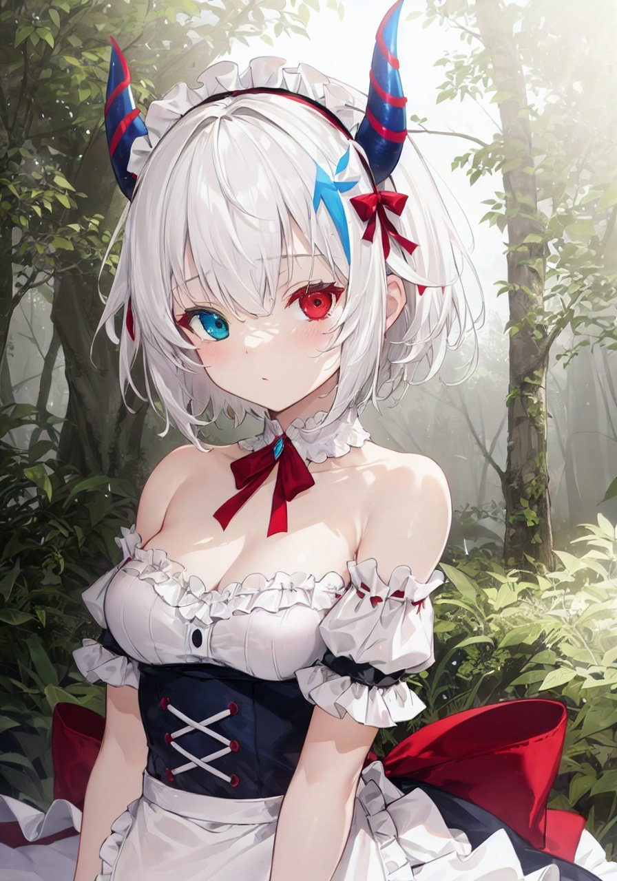 (detailed light), (an extremely delicate and beautiful), volume light, best shadow,cinematic lighting, flash, Depth of field, dynamic angle, [nsfw:0.8], Oily skin, (upper body)(solo:1.2),(short hair,white hair:1.3),((rem:0.7)+(miku:0.8)),has(2 red horns:1.2),(heterochromia<(red,blue)>:1.15),(black_white maid_outfit) (off shoulder) (frills:1.2),(in forest),