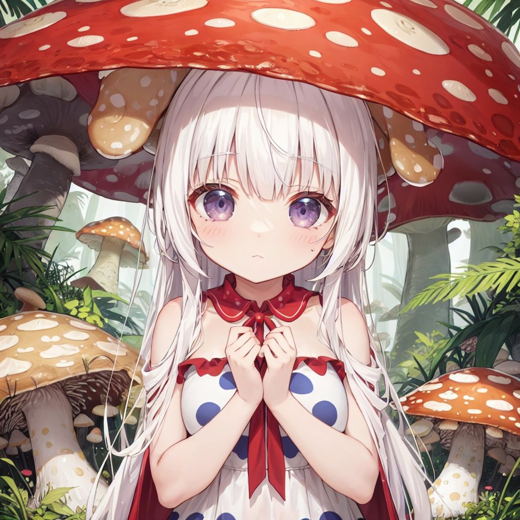 Forest after rain, Amazon rainforest, lots of tropical trees, palm trees, lots of giant mushrooms, lots of poison mushrooms, red and white spotted mushrooms, purple mushrooms, yellow mushrooms, white mushrooms, explosion mushrooms, charm mushrooms, fluorescent mushrooms
(monsterification:1.3), (1 giant mushroom_girl, wearing Spotted dress, spotted mushroom hair), (spotted mushroom hat:1.2), (upper body), (cute face), beautiful eyes
(detailed light), (extremely delicate and beautiful), volume light, best shadow, flash, Depth of field