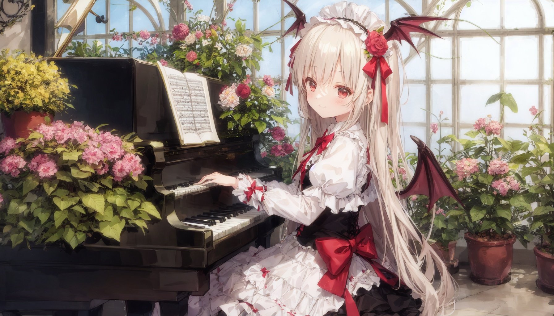 (outline), (emphasis lines), (detailed 8K wallpaper)(from side), (cowboy shot), (1 girl playing piano:1.2), sitting, (floating musical note around girl:1.4), detailed European pianoThe girl has (long yellow hair), red eyes, eyes half closed, smile, has(a pair of large black wings<(great demon wings, long bat wings)>), (solo)The girl wearing (white lolita dress with a red bow), hair flower, (ram horns), (eromanga:1.2), (megami:1.2), (lolita fashion:1.2)BREAK(Detailed musical notes:1.2), piano, detailed room, (greenhouse)Blurred background, fog in the distance, (Potted plants background), window