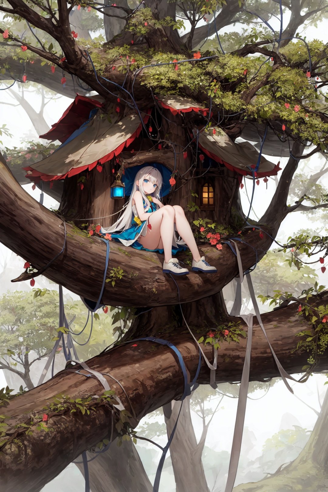 (Yggdrasil:1.2), (treehouse:1.3), (Detailed treehouse:1.3), Lots of detailed leaves, (big treehouse on tree:1.3)Mountains and forests in the distanceBREAK(solo:1.2), (1 girl sitting at treehouse:1.2), (on tree), blue eyes, white hair, wearing traveller suit(detailed light), (an extremely delicate and beautiful), volume light, best shadow, flash, Depth of field, Oily skin