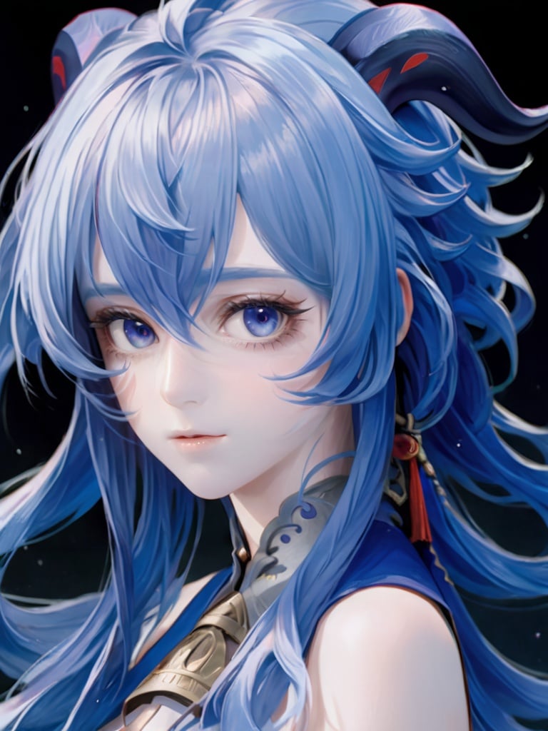 detailed face,(\gan yu\), 1girl, solo, blue hair,horns,long hair,realistic,