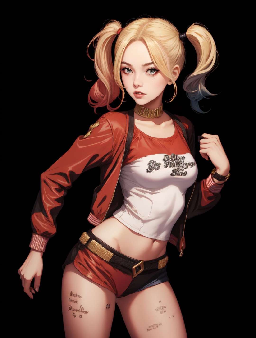 <lora:Harley-09:1>, Harley, solo, 1girl, blonde hair, twintails, shorts, fishnets, cowboy shot, black background, <lora:more_details:.23>  