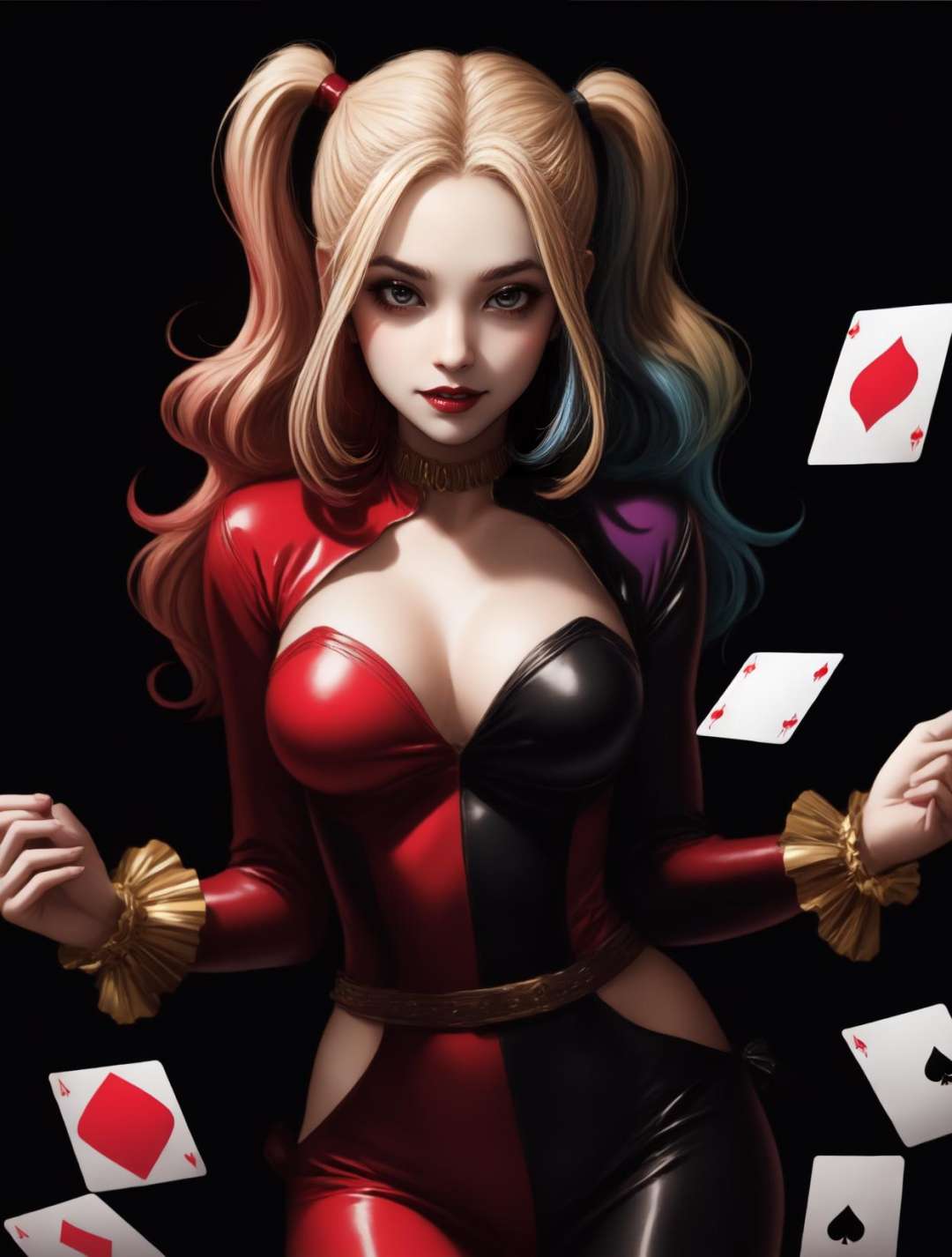 <lora:Harley:1>, Prompt: character: Harley_Quinn, playful_expression, mischievous_glitter_in_her_eyes, BREAK, clothing: red_and_black_jester_outfit, colorful_harlequin_diamonds, BREAK, accessories: oversized_mallet, playing_card_props, BREAK, quality: vivacious, charismatic, unpredictable, <lora:more_details:.5> 