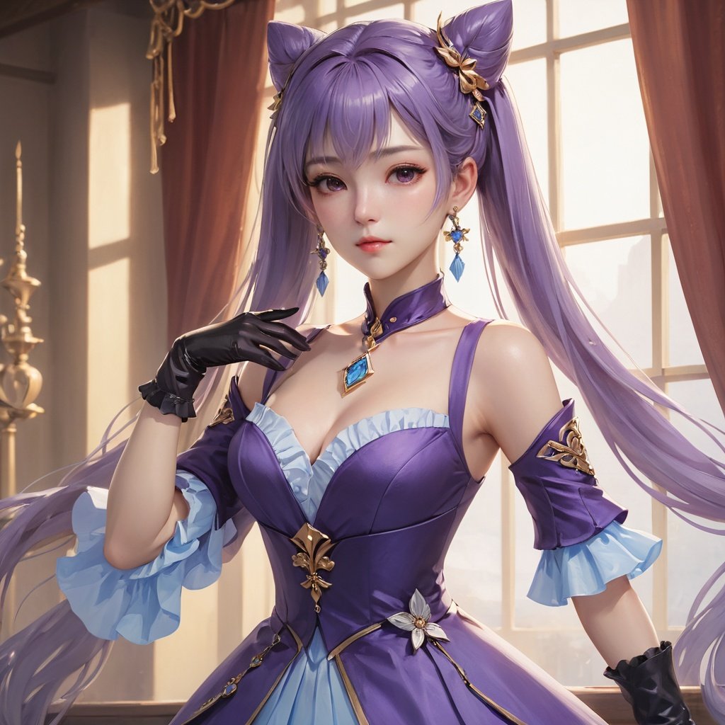 (((masterpiece))), ((best quality)), hyper quality, official art, extremely detailed CG unity 8k wallpaper, highly detailed, (super fine illustration), highres, (ultra-detailed), detailed face4, 
(\ke qing\), 1girl, gloves, solo, breasts, looking at viewer, parted lips, jewelry, earrings, indoors, black gloves, detached sleeves, bare shoulders, upper body, braid, dress, window, hand on own chest, bangs, hand up, frills, tassel, frilled sleeves, sleeveless, lips, sidelocks, double bun, blush, purple dress, sunlight, frilled gloves,True Love