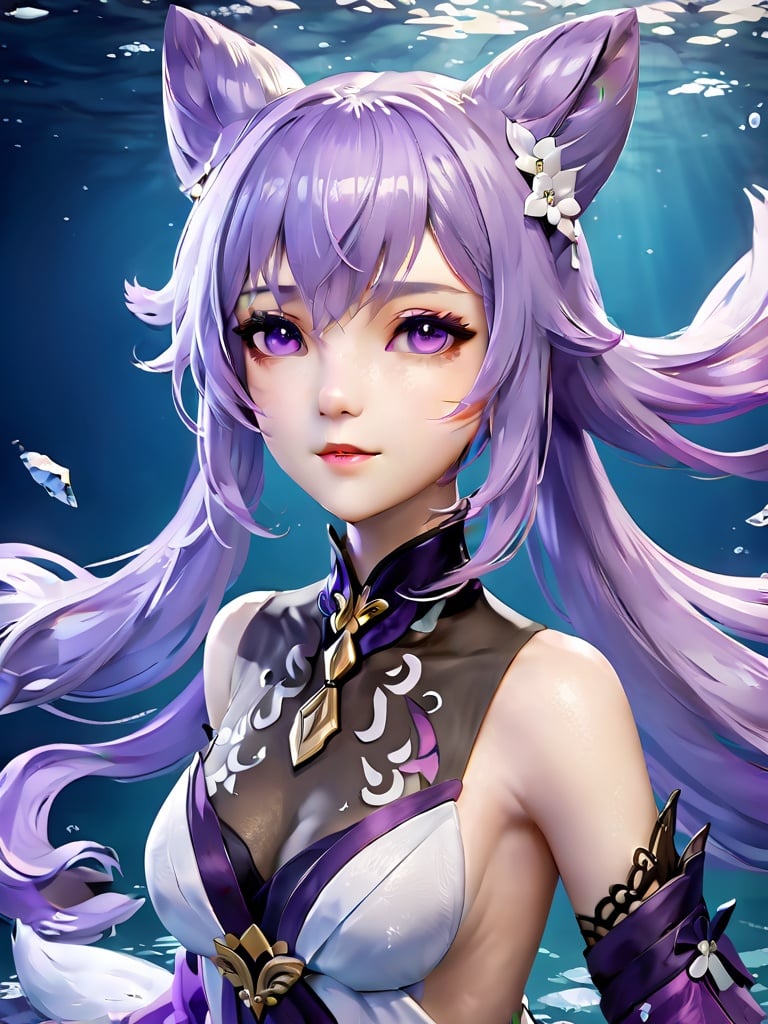 4K,1girl,masterpiece, best quality,official art, extremelydetailed cg 8k wallpaper,(flying petals)(detailed ice) , crystalstexture skin, coldexpression, ((fox ears)),white hair, longhair, messy hair, blue eye,looking at viewer,extremely delicate andbeautiful, water, highlydetailed, cinematiclighting, ((beautiful face),fine water surface, (originalfigure painting), ultra-detailed, incrediblydetailed, (an extremelydelicate and beautiful),(best quality),(\ke qing\),purple hair,purple eyes