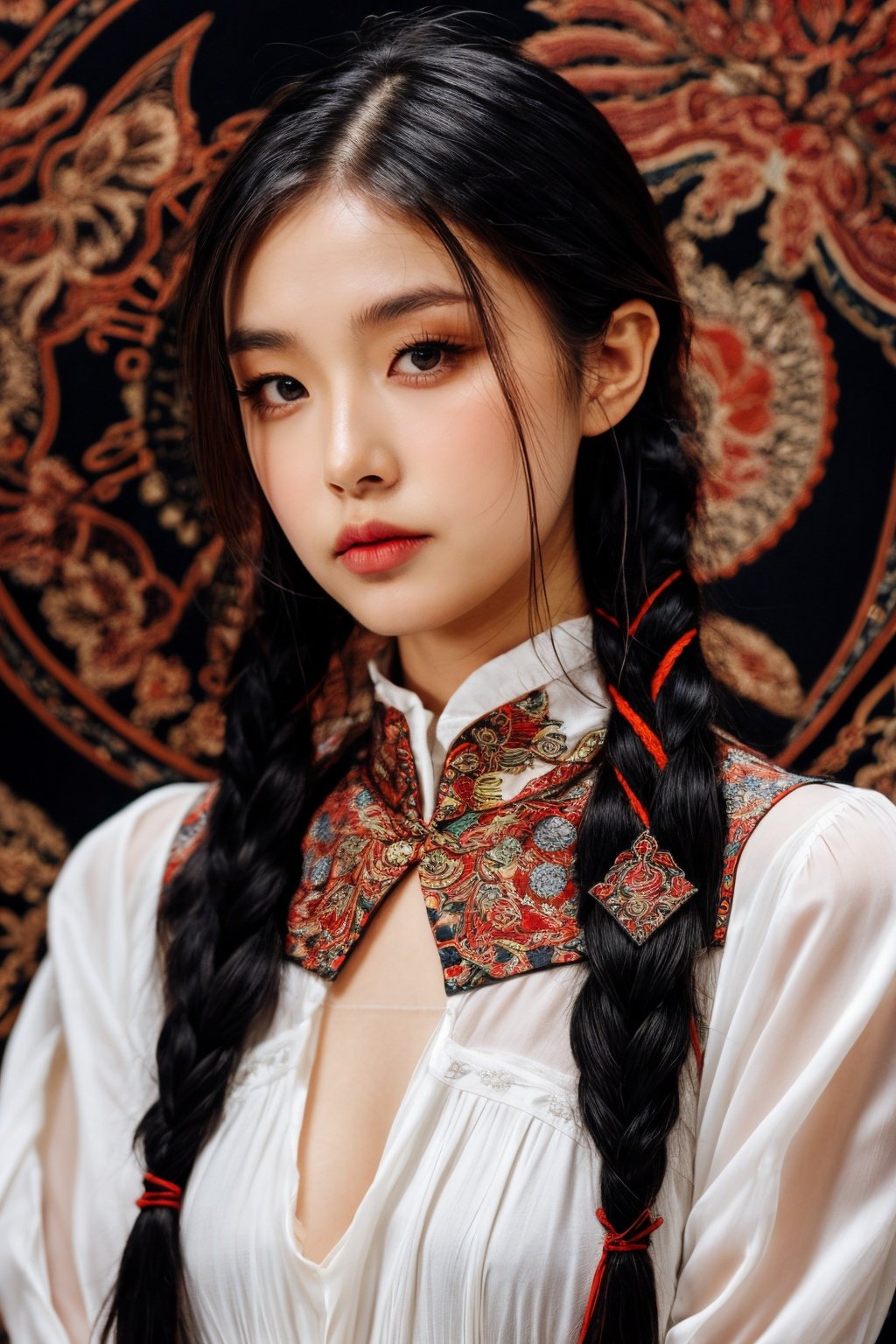 girl02, photographed on a Nikon Z7 II Mirrorless Camera,120mm F/4 wide-anglegirl02, 1girl, solo, long hair, looking at viewer, black hair, long sleeves, braida woman wearing a white dress and a black braid with a blue and red pattern on it's neck, Chen Lu, art nouveau fashion embroidered, a character portrait, aestheticisma woman wearing a black top and red scarf with a red and white design on it's neck, Chen Jiru, art nouveau fashion embroidered, a silk screen, cloisonnismbest quality, masterpiece, ultra detailed, cowboy shot, flowing, 3dmm, ink sketch, color ink, ink rendering, octane render, pastels, rice paper, 1girl, beautiful detailed eyes, (alternate hairstyle), ultra detailed hair, graceful, (charming), (delicate), pretty, cute, lace dress, character in the center of the frame, rhythm, fantasy, looking at viewer,<lora:more_details:0.3> <lora:add_detail:0.3>  <lora:girl02_SDLife_Chiasedamme_v1.0:0.62>