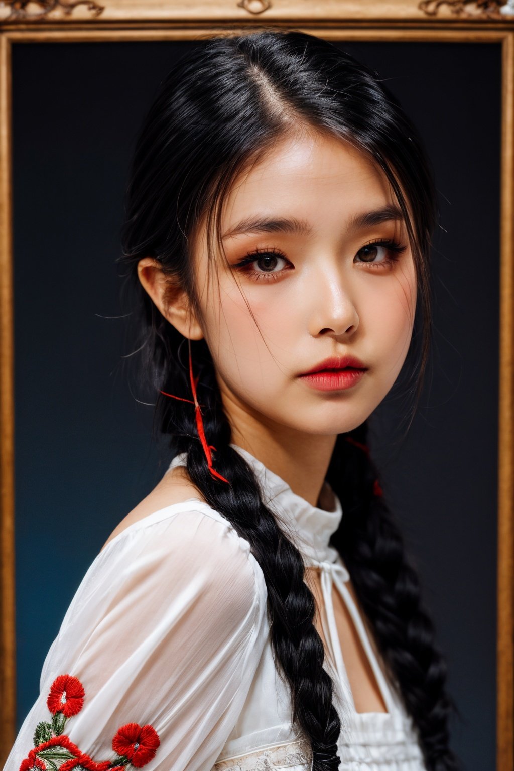 girl02, photographed on a Nikon Z7 II Mirrorless Camera,120mm F/4 wide-anglegirl02, 1girl, solo, long hair, looking at viewer, black hair, long sleeves, braida woman wearing a white dress and a black braid with a blue and red pattern on it's neck, Chen Lu, art nouveau fashion embroidered, a character portrait, aestheticismbest quality, masterpiece, ultra detailed, cowboy shot, flowing, 3dmm, ink sketch, color ink, ink rendering, octane render, pastels, rice paper, 1girl, beautiful detailed eyes, (alternate hairstyle), ultra detailed hair, graceful, (charming), (delicate), pretty, cute, lace dress, character in the center of the frame, rhythm, fantasy, looking at viewer,<lora:more_details:0.3> <lora:add_detail:0.3>  <lora:girl02_SDLife_Chiasedamme_v1.0:0.62>