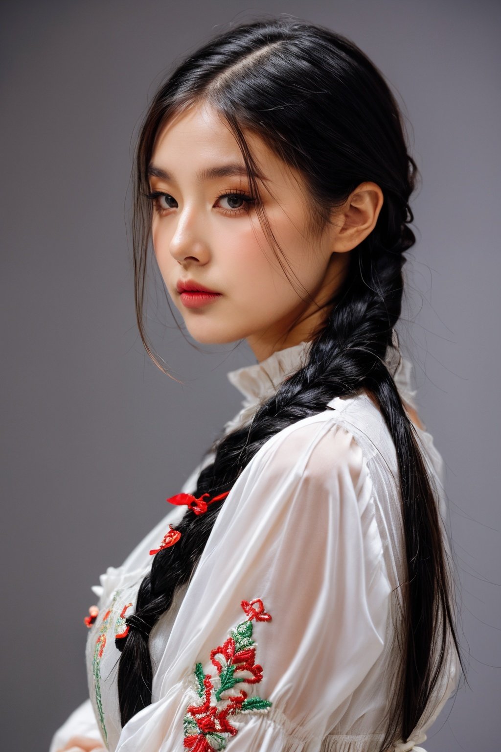 girl02, photographed on a Nikon Z7 II Mirrorless Camera,120mm F/4 wide-anglegirl02, 1girl, solo, long hair, looking at viewer, black hair, long sleeves, braida woman wearing a white dress and a black braid with a blue and red pattern on it's neck, Chen Lu, art nouveau fashion embroidered, a character portrait, aestheticismbest quality, masterpiece, ultra detailed, cowboy shot, flowing, 3dmm, ink sketch, color ink, ink rendering, octane render, pastels, rice paper, 1girl, beautiful detailed eyes, (alternate hairstyle), ultra detailed hair, graceful, (charming), (delicate), pretty, cute, lace dress, character in the center of the frame, rhythm, fantasy, looking at viewer,<lora:more_details:0.3> <lora:add_detail:0.3>  <lora:girl02_SDLife_Chiasedamme_v1.0:0.62>