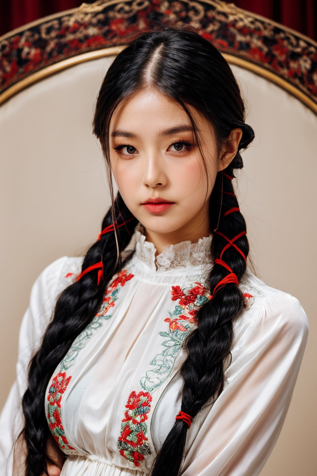 girl02, photographed on a Nikon Z7 II Mirrorless Camera,120mm F/4 wide-anglegirl02, 1girl, solo, long hair, looking at viewer, black hair, long sleeves, braida woman wearing a white dress and a black braid with a blue and red pattern on it's neck, Chen Lu, art nouveau fashion embroidered, a character portrait, aestheticismbest quality, masterpiece, ultra detailed, cowboy shot, flowing, 3dmm, ink sketch, color ink, ink rendering, octane render, pastels, rice paper, 1girl, beautiful detailed eyes, (alternate hairstyle), ultra detailed hair, graceful, (charming), (delicate), pretty, cute, lace dress, character in the center of the frame, rhythm, fantasy, looking at viewer,<lora:more_details:0.3> <lora:add_detail:0.3>  <lora:girl02_SDLife_Chiasedamme_v1.0:0.62>