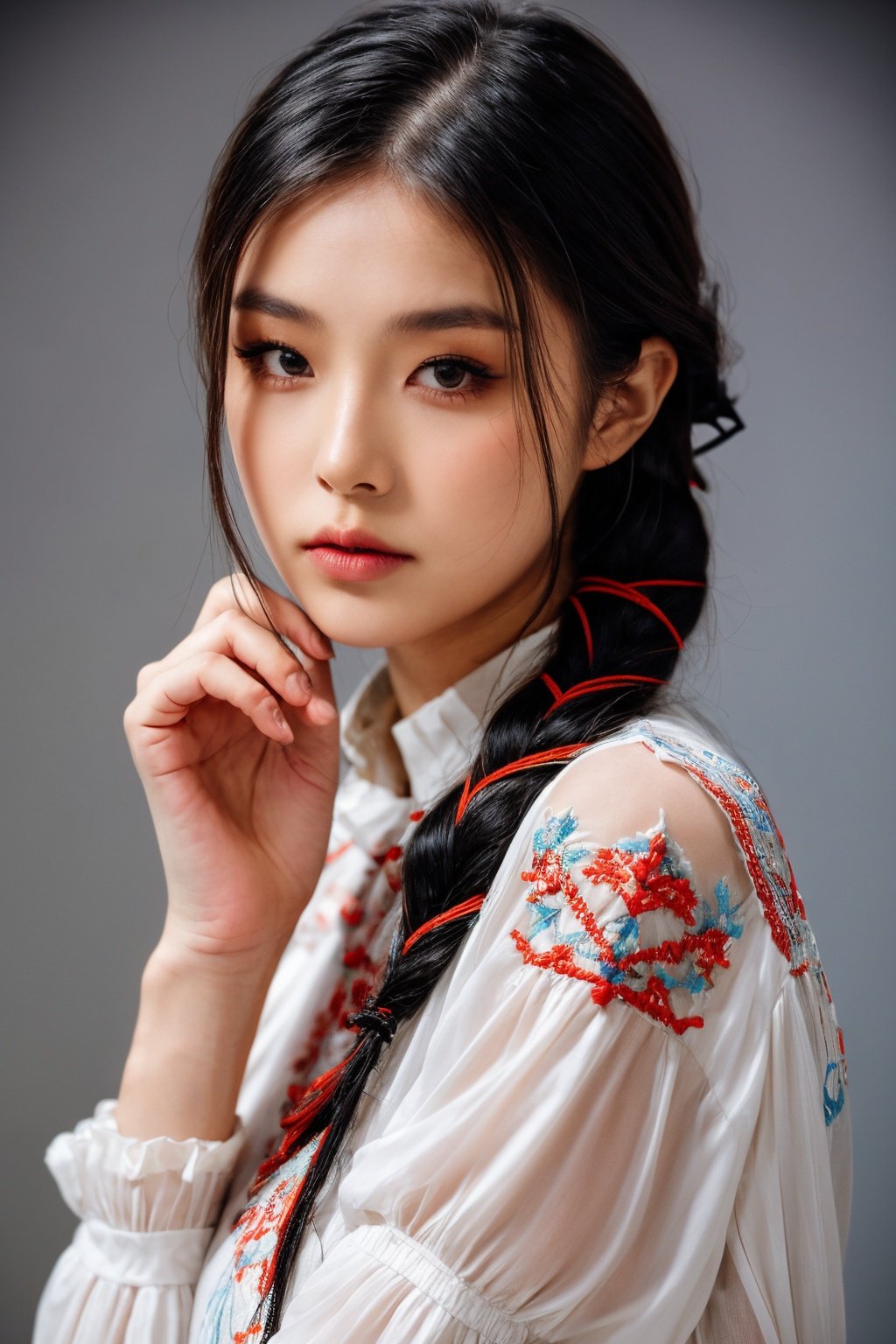 girl02, photographed on a Nikon Z7 II Mirrorless Camera,120mm F/4 wide-anglegirl02, 1girl, solo, long hair, looking at viewer, black hair, long sleeves, braida woman wearing a white dress and a black braid with a blue and red pattern on it's neck, Chen Lu, art nouveau fashion embroidered, a character portrait, aestheticismbest quality, masterpiece, ultra detailed, cowboy shot, flowing, 3dmm, ink sketch, color ink, ink rendering, octane render, pastels, rice paper, 1girl, beautiful detailed eyes, (alternate hairstyle), ultra detailed hair, graceful, (charming), (delicate), pretty, cute, lace dress, character in the center of the frame, rhythm, fantasy, looking at viewer, xxmix girl,sexy, seductive , messy hair, unbuttoned shirt, breasts<lora:more_details:0.3> <lora:add_detail:0.3>  <lora:girl02_SDLife_Chiasedamme_v1.0:0.6>