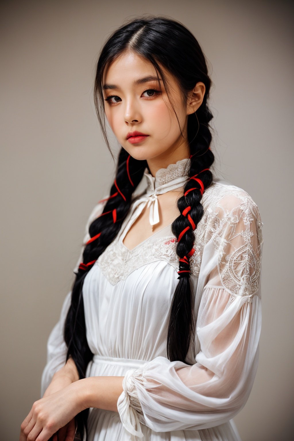 girl02, photographed on a Nikon Z7 II Mirrorless Camera,120mm F/4 wide-anglegirl02, 1girl, solo, long hair, looking at viewer, black hair, long sleeves, braida woman wearing a white dress and a black braid with a blue and red pattern on it's neck, Chen Lu, art nouveau fashion embroidered, a character portrait, aestheticismbest quality, masterpiece, ultra detailed, cowboy shot, flowing, 3dmm, ink sketch, color ink, ink rendering, octane render, pastels, rice paper, 1girl, beautiful detailed eyes, (alternate hairstyle), ultra detailed hair, graceful, (charming), (delicate), pretty, cute, lace dress, character in the center of the frame, rhythm, fantasy, looking at viewer,<lora:more_details:0.3> <lora:add_detail:0.3>  <lora:girl02_SDLife_Chiasedamme_v1.0:0.62>