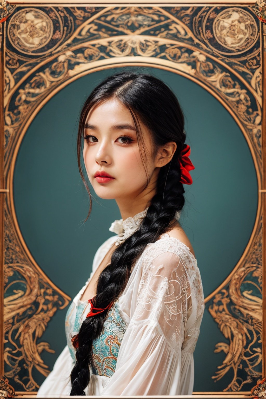 girl02, photographed on a Nikon Z7 II Mirrorless Camera,120mm F/4 wide-anglegirl02, 1girl, solo, long hair, looking at viewer, black hair, long sleeves, braida woman wearing a white dress and a black braid with a blue and red pattern on it's neck, Chen Lu, art nouveau fashion embroidered, a character portrait, aestheticismbest quality, masterpiece, ultra detailed, cowboy shot, flowing, 3dmm, ink sketch, color ink, ink rendering, octane render, pastels, rice paper, 1girl, beautiful detailed eyes, (alternate hairstyle), ultra detailed hair, graceful, (charming), (delicate), pretty, cute, lace dress, character in the center of the frame, rhythm, fantasy, looking at viewer,<lora:more_details:0.3> <lora:add_detail:0.3>  <lora:girl02_SDLife_Chiasedamme_v1.0:0.62>