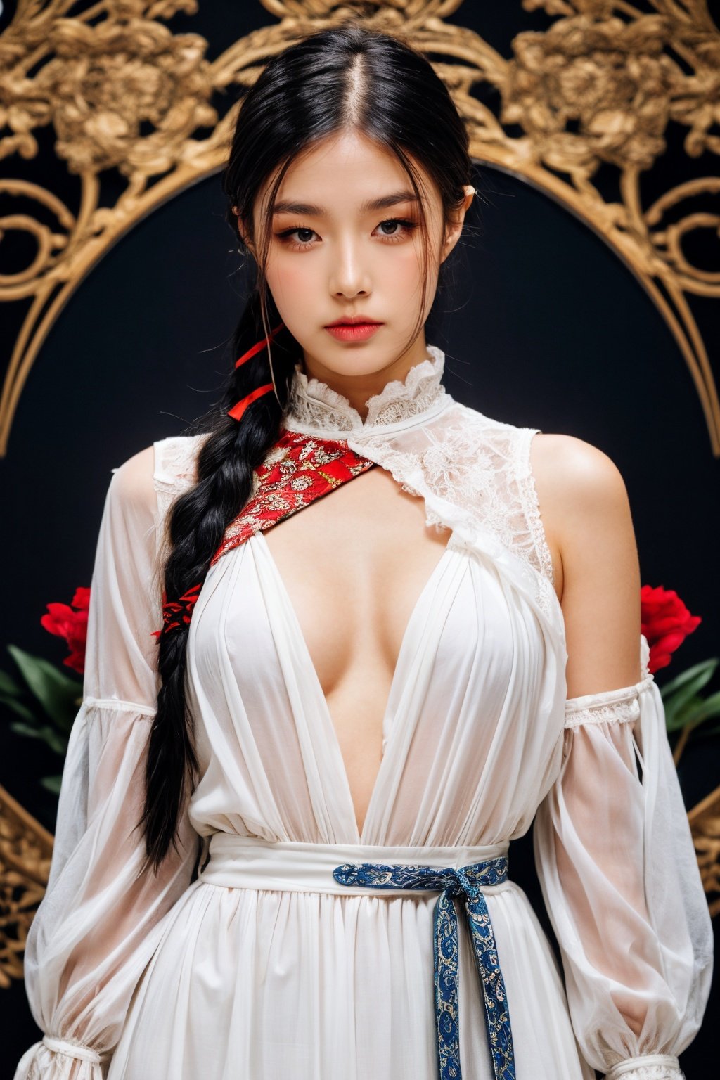 girl02, photographed on a Nikon Z7 II Mirrorless Camera,120mm F/4 wide-anglegirl02, 1girl, solo, long hair, looking at viewer, black hair, long sleeves, braida woman wearing a white dress and a black braid with a blue and red pattern on it's neck, Chen Lu, art nouveau fashion embroidered, a character portrait, aestheticismbest quality, masterpiece, ultra detailed, cowboy shot, flowing, 3dmm, ink sketch, color ink, ink rendering, octane render, pastels, rice paper, 1girl, beautiful detailed eyes, (alternate hairstyle), ultra detailed hair, graceful, (charming), (delicate), pretty, cute, lace dress, character in the center of the frame, rhythm, fantasy, looking at viewer,<lora:more_details:0.3> <lora:add_detail:0.3>  <lora:girl02_SDLife_Chiasedamme_v1.0:0.62>