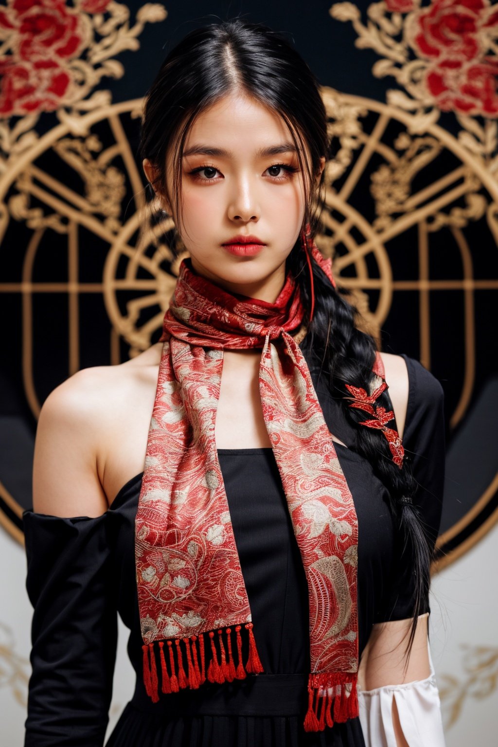 girl02, photographed on a Nikon Z7 II Mirrorless Camera,120mm F/4 wide-anglegirl02, 1girl, solo, long hair, looking at viewer, black hair, long sleeves, braida woman wearing a white dress and a black braid with a blue and red pattern on it's neck, Chen Lu, art nouveau fashion embroidered, a character portrait, aestheticisma woman wearing a black top and red scarf with a red and white design on it's neck, Chen Jiru, art nouveau fashion embroidered, a silk screen, cloisonnismbest quality, masterpiece, ultra detailed, cowboy shot, flowing, 3dmm, ink sketch, color ink, ink rendering, octane render, pastels, rice paper, 1girl, beautiful detailed eyes, (alternate hairstyle), ultra detailed hair, graceful, (charming), (delicate), pretty, cute, lace dress, character in the center of the frame, rhythm, fantasy, looking at viewer,<lora:more_details:0.3> <lora:add_detail:0.3>  <lora:girl02_SDLife_Chiasedamme_v1.0:0.62>